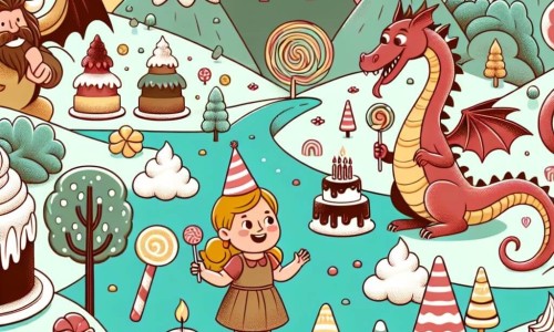 Une illustration destinée aux enfants représentant une fillette, une fête d'anniversaire surprise, un dragon amical et un monde enchanté rempli de montagnes de crème chantilly, de rivières de chocolat et d'arbres en bonbons.
