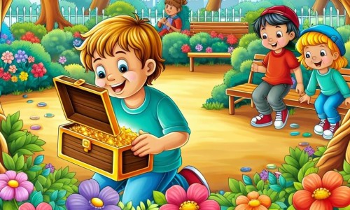 Une illustration destinée aux enfants représentant un petit garçon rigolo et curieux découvrant un trésor avec ses amis, une fille et un garçon, dans un parc plein de fleurs colorées, d'arbres majestueux et de bancs accueillants.