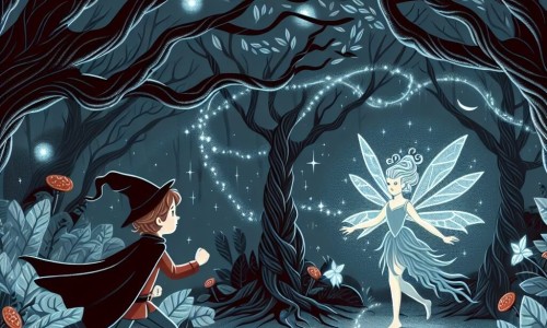 Une illustration destinée aux enfants représentant un jeune garçon courageux affrontant une sorcière maléfique dans une forêt sombre et mystérieuse, accompagné d'une fée lumineuse vêtue de pétales d'argent, avec des arbres aux branches tordues et des ombres dansantes.