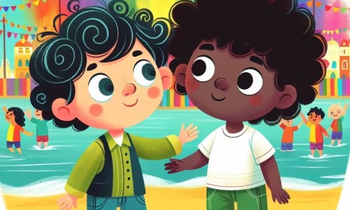 Une illustration destinée aux enfants représentant un garçon aux yeux curieux et aux cheveux bouclés, faisant de nouveaux amis avec un garçon aux boucles noires, lors d'une Fête des Couleurs animée et colorée au bord de la mer.