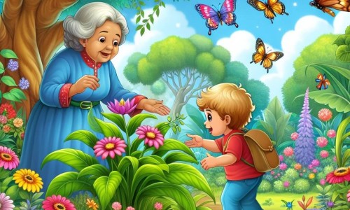 Une illustration destinée aux enfants représentant un petit garçon curieux découvrant une plante magique dans le jardin luxuriant de sa grand-mère, avec en compagnie une grand-mère bienveillante, entourés de fleurs colorées, d'arbres majestueux et de papillons multicolores virevoltant joyeusement.