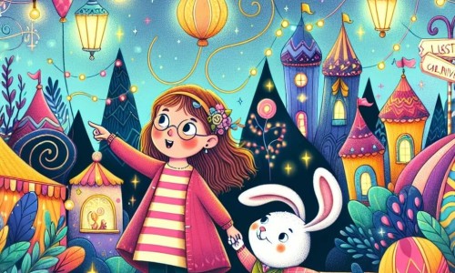 Une illustration destinée aux enfants représentant une fillette curieuse se perdant dans un village coloré lors du carnaval, accompagnée d'un lapin malin, dans un lieu enchanté rempli de guirlandes scintillantes et de ballons virevoltants.