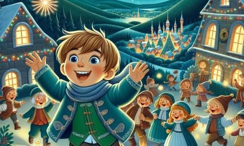 Une illustration destinée aux enfants représentant un garçon plein de vie et curieux, vivant une fête du nouvel an magique en compagnie de ses amis, dans un village scintillant de lumières et de couleurs, au cœur d'une vallée verdoyante.