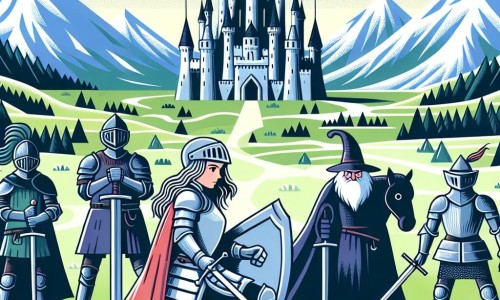 Une illustration destinée aux enfants représentant une chevalière courageuse se préparant à affronter un sorcier maléfique aux côtés de ses compagnons chevaliers, dans un château majestueux entouré de montagnes enneigées et de vastes plaines verdoyantes.