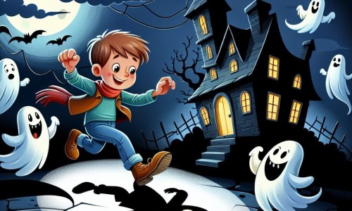 Une illustration destinée aux enfants représentant un fantôme farceur garçon explorant une maison hantée avec des amis fantômes rigolos, dans un décor sombre et mystérieux aux murs craquelés et aux ombres dansantes.