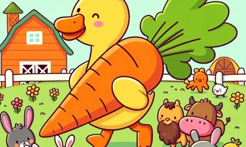 Une illustration destinée aux enfants représentant un canard malicieux entouré d'animaux curieux transportant une carotte géante jusqu'à une ferme colorée et joyeuse.