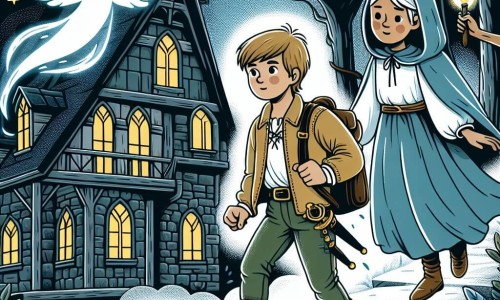 Une illustration destinée aux enfants représentant un jeune garçon courageux explorant une Maison hantée, accompagné d'un Esprit lumineux, dans une forêt sombre et mystérieuse.