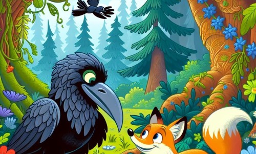 Une illustration destinée aux enfants représentant un corbeau malicieux se liant d'amitié avec un renard farceur, dans une forêt enchantée aux arbres majestueux et aux fleurs chatoyantes.