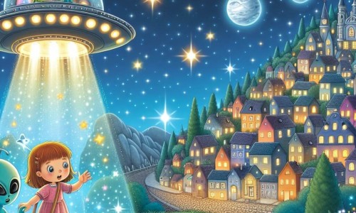 Une illustration destinée aux enfants représentant une petite fille curieuse découvrant un vaisseau spatial avec des créatures lumineuses, accompagnée de son nouvel ami extraterrestre, sur une colline scintillante surplombant la ville de Lumière-Étoilée, remplie de maisons colorées et de rues pavées illuminées par les étoiles.