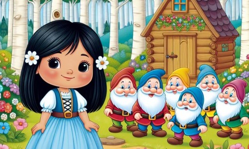 Une illustration destinée aux enfants représentant une jeune fille aux cheveux noirs comme l'ébène, vêtue d'une robe bleue, se tenant devant une petite maison en bois, entourée de sept nains joyeux, dans une forêt enchantée remplie de fleurs colorées et d'arbres majestueux.