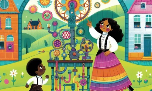 Une illustration destinée aux enfants représentant une femme inventrice géniale, créant une machine à rêves farfelue, accompagnée d'un garçon curieux, dans un village pittoresque avec des maisons colorées et des champs verdoyants.