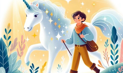 Une illustration destinée aux enfants représentant un jeune garçon courageux se lançant dans une aventure extraordinaire aux côtés d'une licorne étincelante, dans une clairière ensoleillée baignée de lumière magique.