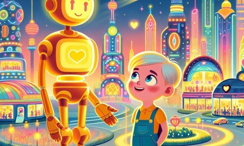 Une illustration destinée aux enfants représentant un petit garçon émerveillé par une ville futuriste, accompagné d'un robot au cœur d'or, évoluant dans une cité étincelante d'Électroluxia, remplie de lumières colorées et de voitures volantes.