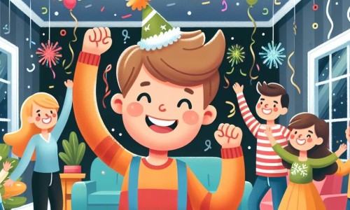 Une illustration destinée aux enfants représentant un garçon plein d'énergie et d'imagination, vivant un réveillon du Nouvel An joyeux et festif en compagnie de sa famille et de ses amis, dans un salon étincelant de décorations colorées et scintillantes.