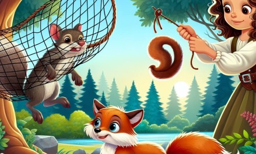 Une illustration destinée aux enfants représentant une fillette aux boucles brunes, défiant un renardeau pris au piège dans un filet de chasse, avec un écureuil malicieux observant la scène depuis une clairière ensoleillée de la forêt enchantée.