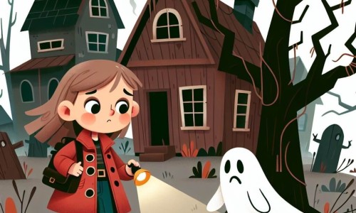 Une illustration destinée aux enfants représentant une jeune fille courageuse explorant une maison hantée, accompagnée d'un fantôme triste, dans un village reculé entouré d'arbres tordus et de branches fanées.