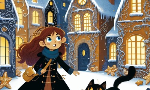 Une illustration destinée aux enfants représentant une fillette aux cheveux bruns, émerveillée, accompagnée d'un chat noir aux yeux d'or, explorant un quartier magique de Lumiville, où les maisons en pain d'épice côtoient celles recouvertes de lierre argenté, dans une ambiance de fantasy urbaine.