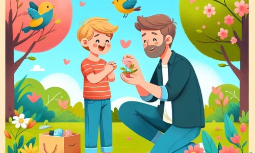 Une illustration destinée aux enfants représentant un petit garçon préparant une surprise pour son papa, avec la présence d'un père aimant, dans un parc ensoleillé aux arbres fleuris et aux oiseaux chantants.