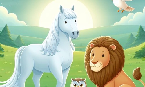 Une illustration destinée aux enfants représentant un majestueux cheval blanc, une chouette sage et un lion roi, évoluant dans une vaste prairie verdoyante baignée de douces lumières du soleil.