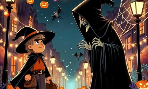 Une illustration destinée aux enfants représentant un garçon déguisé en mage mystérieux, affrontant une sorcière maléfique, dans une rue décorée de citrouilles illuminées et de toiles d'araignée en plastique.