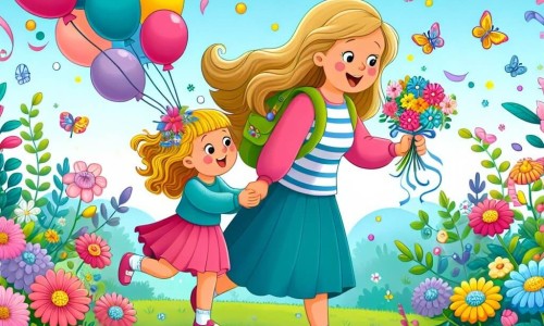 Une illustration destinée aux enfants représentant une petite fille énergique et curieuse, accompagnée de sa maman bienveillante, dans un jardin enchanté aux fleurs multicolores et aux ballons joyeux, célébrant la fête des mères.