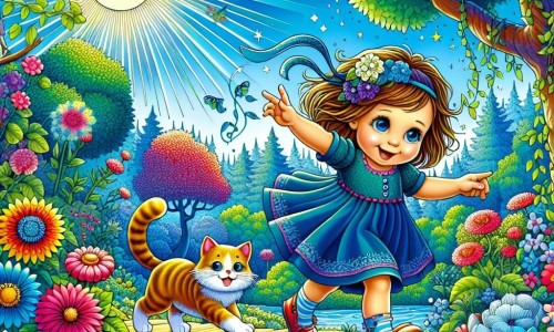 Une illustration destinée aux enfants représentant une petite fille énergique explorant un jardin enchanté en compagnie d'un chat malicieux, au milieu de fleurs colorées et d'arbres majestueux, sous un ciel bleu azuré illuminé par un soleil radieux.