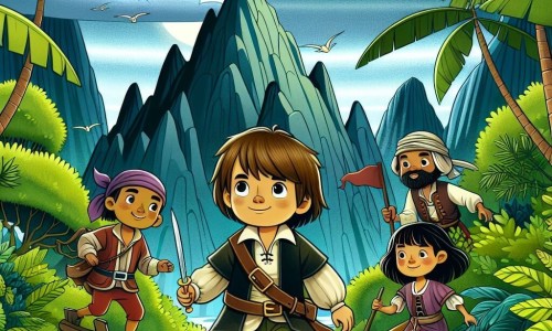 Une illustration destinée aux enfants représentant un petit garçon courageux et ses amis, une fille et deux garçons, naviguant vers une île mystérieuse recouverte de végétation luxuriante et entourée de récifs acérés.
