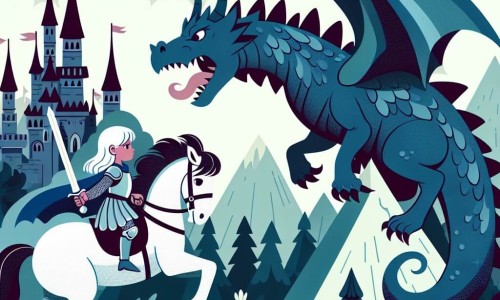 Une illustration destinée aux enfants représentant une jeune chevalière courageuse affrontant un dragon terrifiant au sommet d'une montagne escarpée, avec en soutien son fidèle destrier blanc, dans un royaume médiéval fantastique aux tours de château pointues et aux arbres enchantés murmurs.