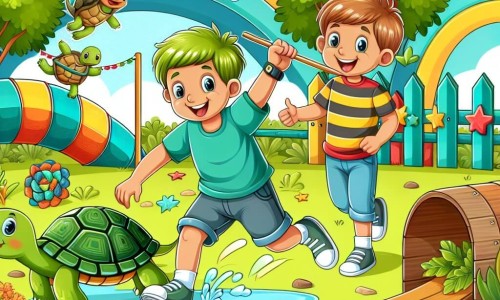 Une illustration destinée aux enfants représentant un garçon plein d'énergie et d'imagination, organisant une course de tortues insolite avec son ami passionné de reptiles, dans un parc coloré avec des obstacles amusants comme des petits tunnels en carton et des ponts en bois.