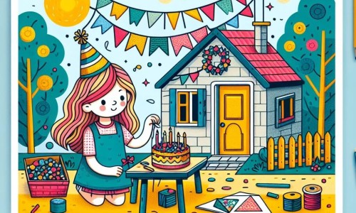 Une illustration destinée aux enfants représentant une fillette pleine d'imagination et de créativité, préparant une fête surprise pour son père avec l'aide de sa maman, dans une petite maison colorée au bout d'une rue tranquille, décorée de guirlandes de papier et de chapeaux de fête faits à la main.