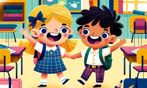 Une illustration destinée aux enfants représentant une fillette excitée pour sa première journée d'école, accompagnée de sa nouvelle amie Emma, dans une classe colorée remplie de pupitres, de livres et de crayons.
