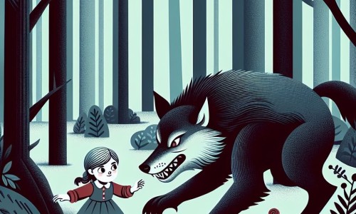 Une illustration destinée aux enfants représentant une fillette malicieuse se jouant d'un grand méchant loup menaçant dans une forêt sombre et mystérieuse.