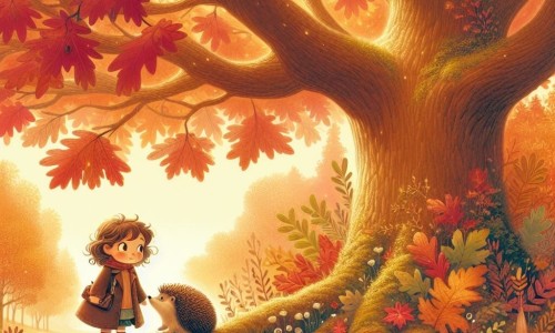 Une illustration destinée aux enfants représentant une petite fille se promenant dans un parc automnal, rencontrant un hérisson curieux, sous un majestueux chêne aux feuilles rouges et dorées, dans une ambiance chaleureuse et magique.