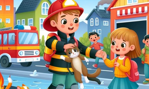 Une illustration destinée aux enfants représentant un homme pompier courageux sauvant une famille et son chat d'un incendie, accompagné d'une petite fille émerveillée, dans une ville animée aux maisons colorées et à la caserne de pompiers rouge et jaune.