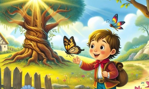 Une illustration destinée aux enfants représentant un petit garçon curieux et plein de vie, accompagné d'un papillon multicolore, découvrant un arbre ancien mystérieux au cœur d'une clairière illuminée par les rayons du soleil, dans un village paisible entouré de champs fleuris et de forêts mystérieuses.
