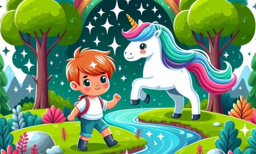 Une illustration destinée aux enfants représentant un petit garçon courageux se retrouvant dans un monde magique avec une licorne majestueuse comme guide, entourés d'arbres aux couleurs chatoyantes et de rivières scintillantes, au cœur d'une vallée verdoyante.