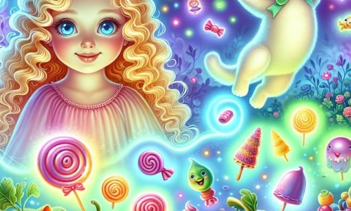 Une illustration destinée aux enfants représentant une fillette blonde aux boucles rebondissantes, un chat mystérieux aux yeux brillants, des bonbons multicolores tombant du ciel, des jouets animés dansant joyeusement, des légumes transformés en glaces délicieuses, dans un jardin enchanté baigné de lumière magique.