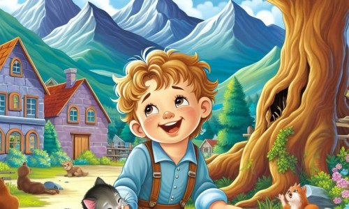 Une illustration destinée aux enfants représentant un garçon joyeux vivant une perte tragique accompagné d'un chaton gracieux, dans un village paisible entouré de montagnes majestueuses et d'un vieux chêne imposant.