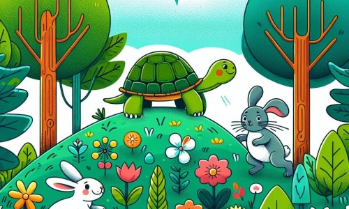 Une illustration destinée aux enfants représentant une tortue courageuse se trouvant au sommet d'une colline colorée, accompagnée d'un lapin bondissant et d'une souris timide, dans une forêt luxuriante remplie de fleurs et d'arbres majestueux.