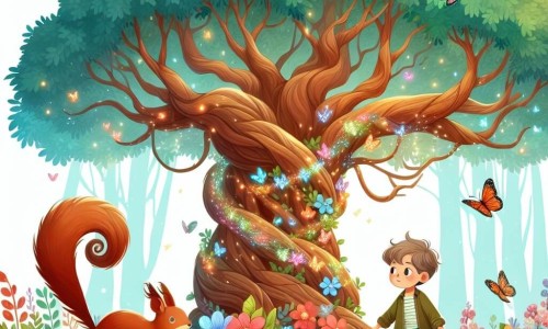 Une illustration destinée aux enfants représentant un jeune garçon explorant une forêt enchantée, accompagné d'un écureuil curieux, près d'un vieil arbre majestueux aux branches tordues et aux feuilles chatoyantes, dans un décor de fleurs multicolores et de papillons virevoltants.