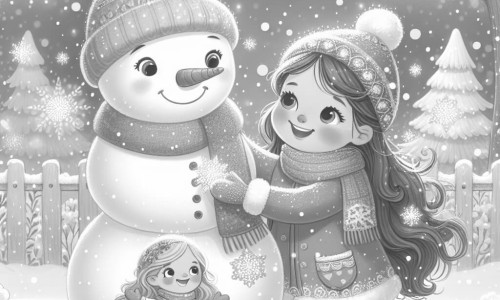 Une illustration destinée aux enfants représentant une fillette joyeuse construisant un bonhomme de neige avec sa maman, sur un jardin enneigé parsemé de flocons scintillants, dans une journée d'hiver magique.