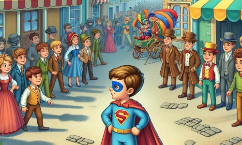 Une illustration destinée aux enfants représentant un jeune garçon en costume de super-héros, prêt à résoudre un mystère de carnaval avec ses amis, dans les rues colorées et animées du village de Petitland.