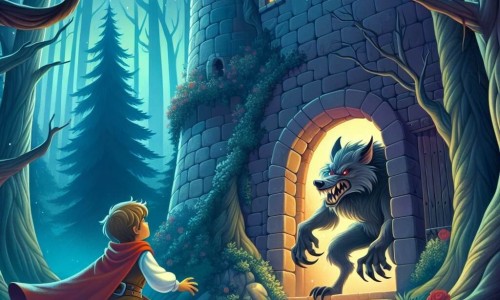 Une illustration destinée aux enfants représentant un petit garçon courageux affrontant un grand méchant loup dans une mystérieuse tour sombre au cœur de la forêt enchantée.