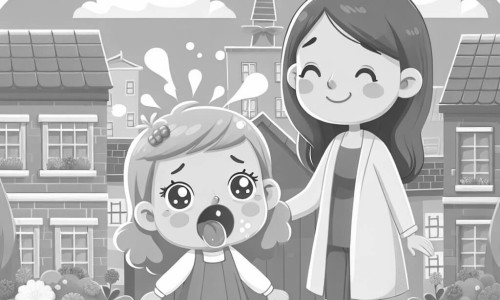 Une illustration destinée aux enfants représentant une petite fille joyeuse et pleine de vie confrontée à une drôle de maladie, accompagnée par sa maman aimante, dans une petite ville paisible aux maisons colorées et aux jardins fleuris.