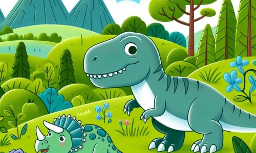 Une illustration destinée aux enfants représentant un jeune Tyrannosaure Rex, curieux et courageux, accompagné d'un gentil Tricératops mâle, explorant une vallée verdoyante parsemée de grands arbres et de fleurs colorées dans le monde des dinosaures.