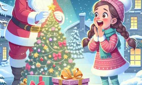 Une illustration destinée aux enfants représentant une fillette émerveillée découvrant le Père Noël déposant des cadeaux sous un sapin scintillant dans un village enneigé.