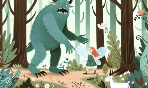 Une illustration destinée aux enfants représentant un monstre au cœur d'une forêt dense, aidé par une fée délicate, dans une forêt enchantée où les arbres se courbaient sous leur passage et les animaux les observaient avec curiosité.