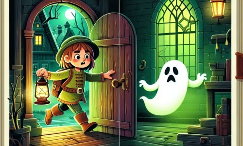 Une illustration destinée aux enfants représentant une petite fille courageuse explorant un manoir hanté avec l'aide d'un fantôme triste, entourée de portes grinçantes, de fenêtres poussiéreuses et d'une lueur verte mystérieuse, dans un village reculé et sombre.
