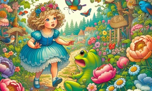 Une illustration destinée aux enfants représentant une fillette curieuse découvrant un jardin enchanté, accompagnée d'une grenouille inquiète, dans un lieu foisonnant de fleurs colorées, d'oiseaux chantants et de papillons virevoltants.