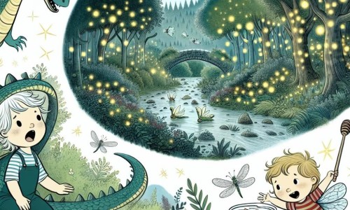 Une illustration destinée aux enfants représentant un petit garçon curieux et énergique, accompagné d'un dragon farceur, explorant la forêt magique de Féeriland, remplie de lucioles scintillantes, de rivières de confiture et d'oiseaux magiques.